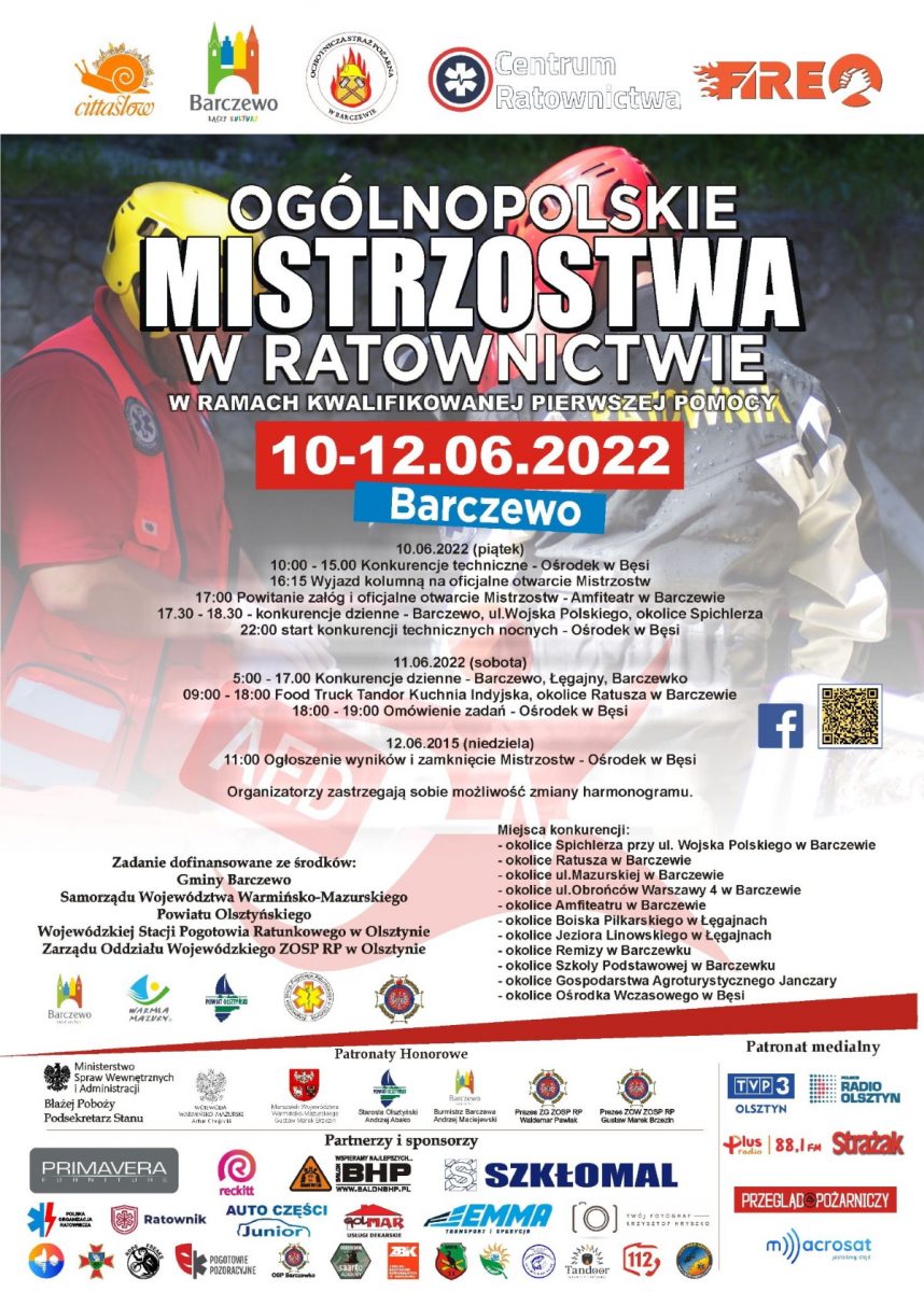 Plakat graficzny zapraszający do Barczewa na Ogólnopolskie Mistrzostwa w Ratownictwie Pierwszej Pomocy Barczewo 2022. 