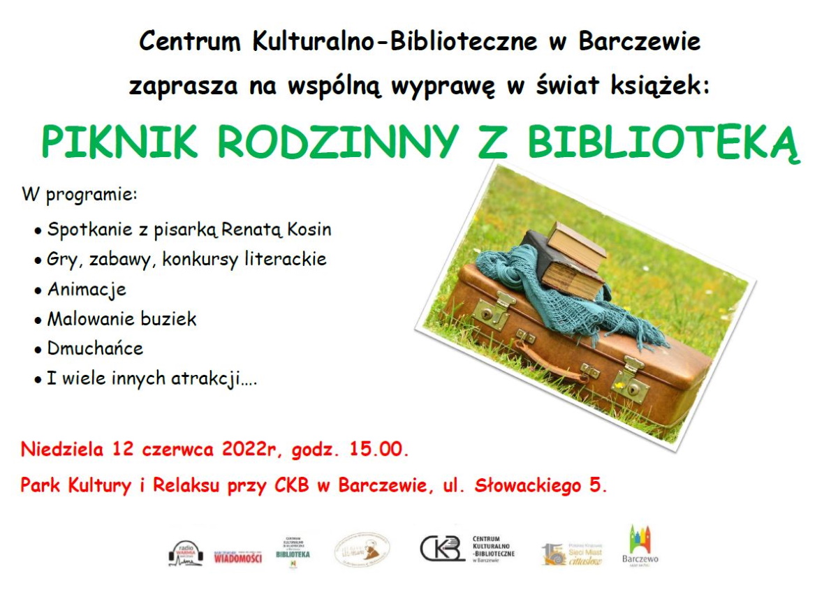 Plakat graficzny zapraszający do Barczewa na Piknik Rodzinny z Biblioteką Barczewo 2022.