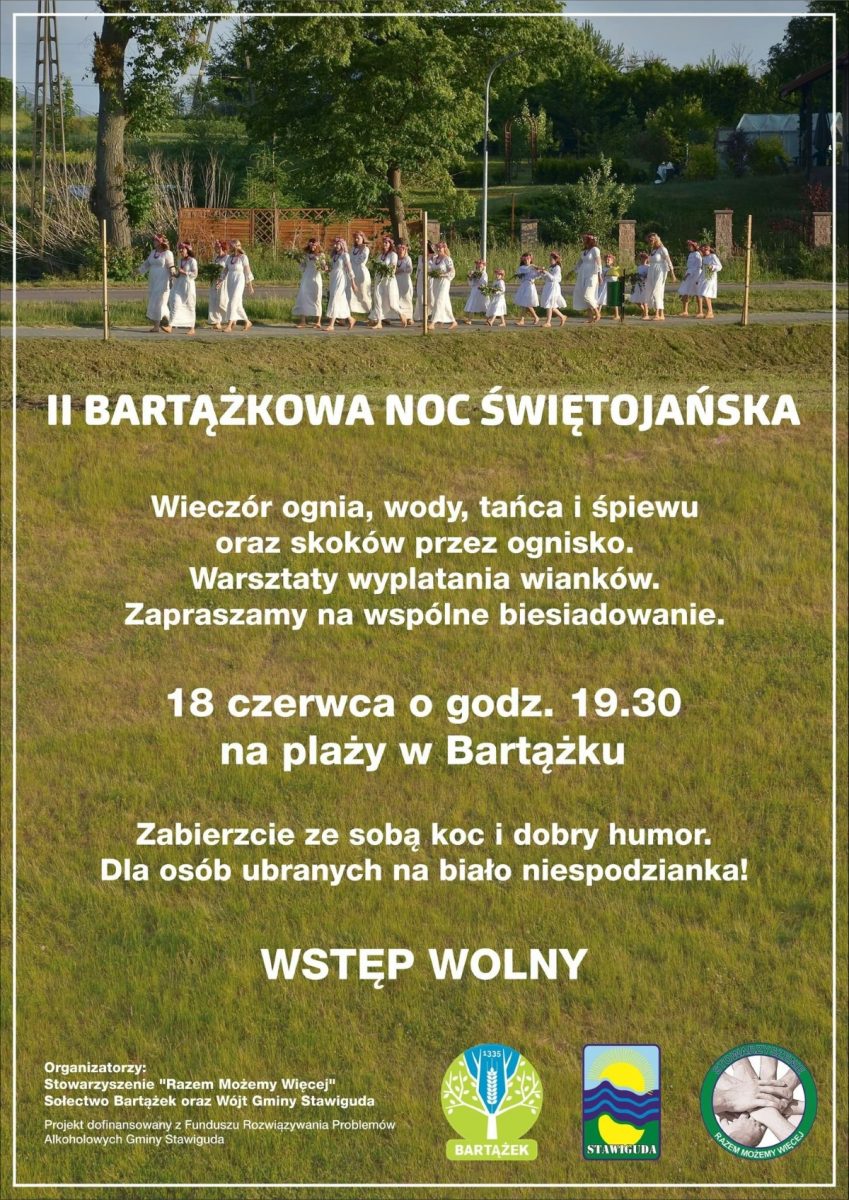 Plakat graficzny zapraszający do miejscowości Bartążek w gminie Stawiguda na 2. edycję Bartążkowej Nocy Świętojańskiej Bartążek 2022.