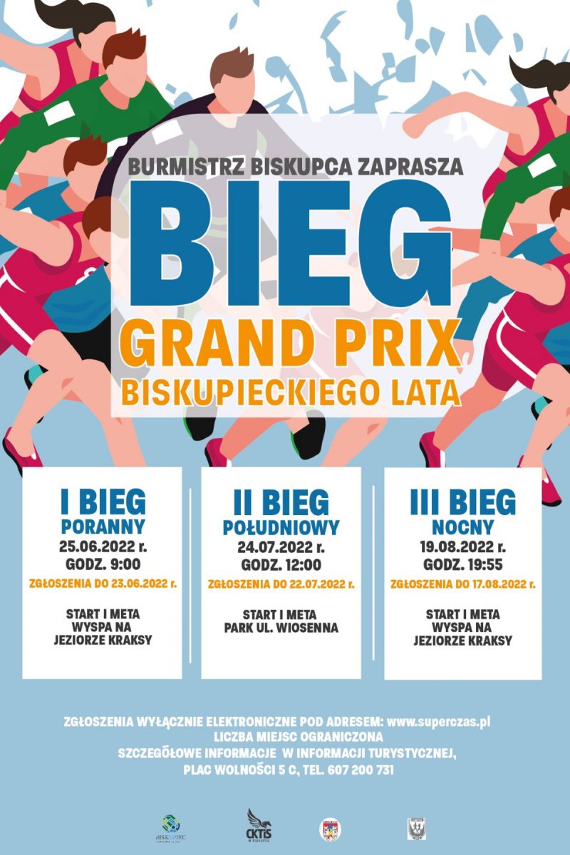 Plakat graficzny zapraszający na Bieg Grand Prix Biskupieckiego Lata 2022. 