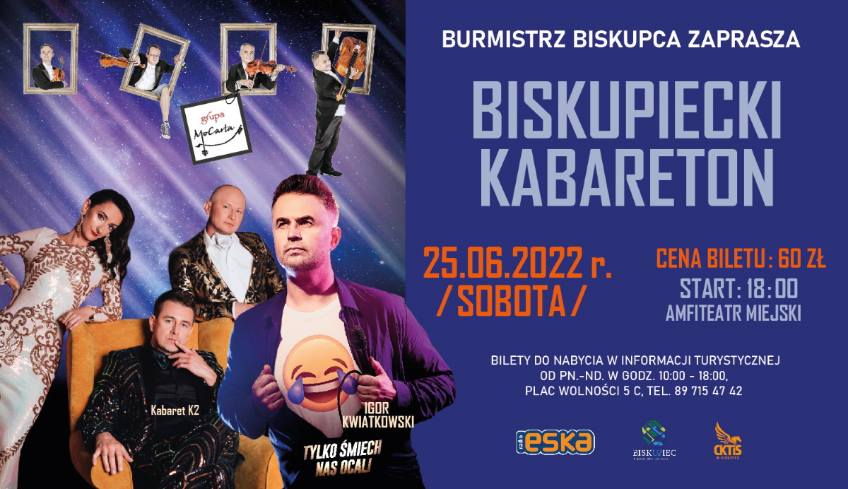Plakat graficzny zapraszający do Biskupca na cykliczną imprezę Biskupiecki Kabareton 2022. 