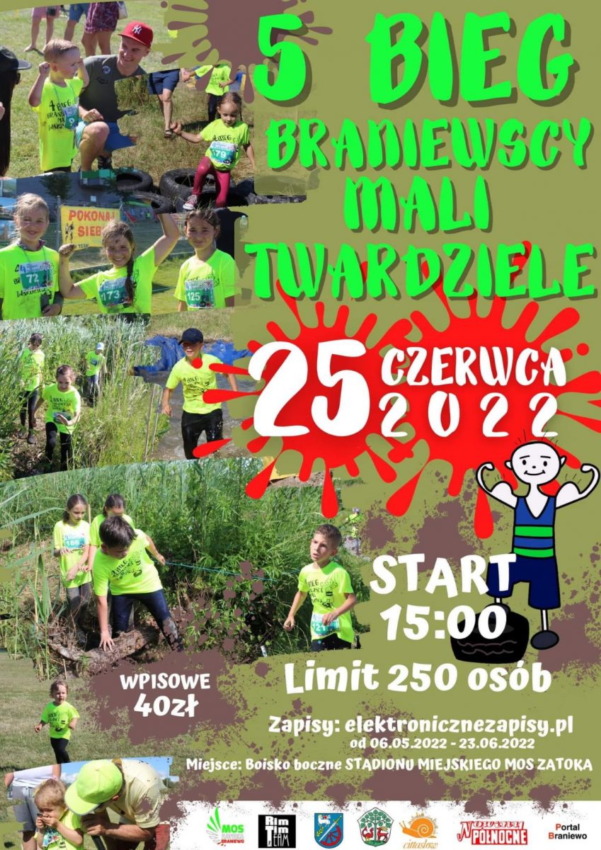 Plakat graficzny zapraszający do Braniewa na 5. edycję Biegu Braniewscy Mali Twardziele Braniewo 2022.