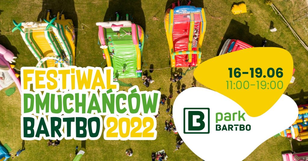 Plakat graficzny zapraszający do miejscowości Butryny k. Olsztyna na Festiwal Dmuchańców Park Bartbo 2022.