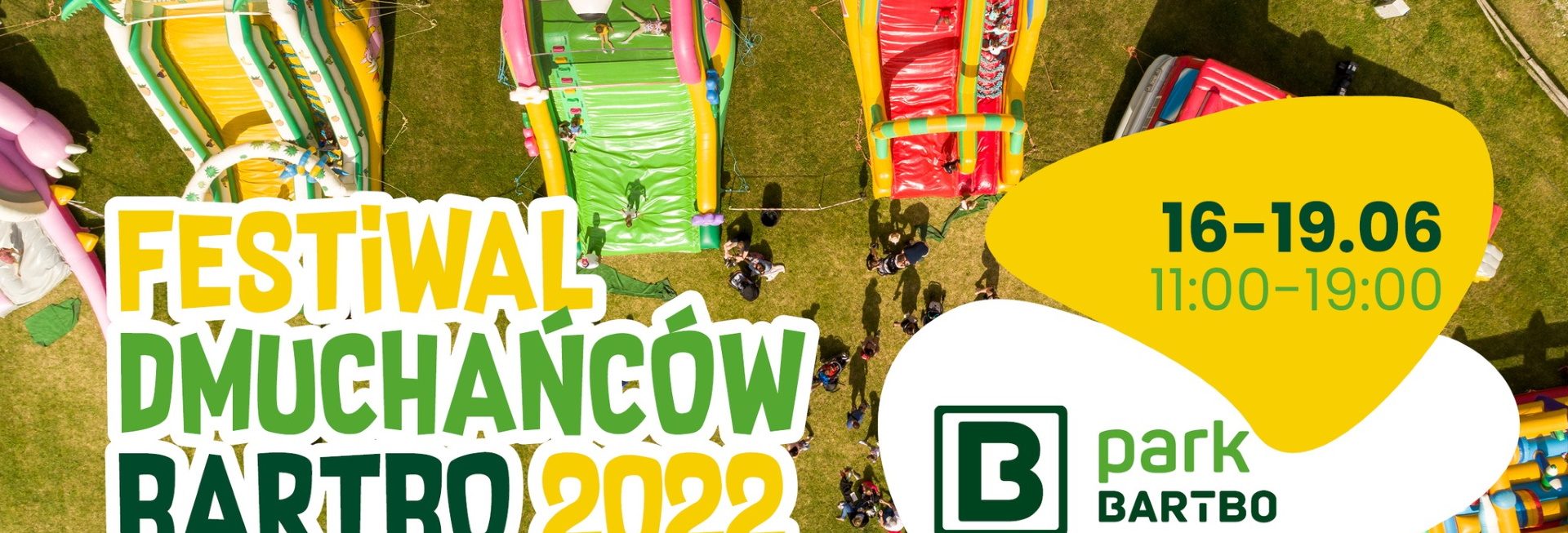Plakat graficzny zapraszający do miejscowości Butryny k. Olsztyna na Festiwal Dmuchańców Park Bartbo 2022.