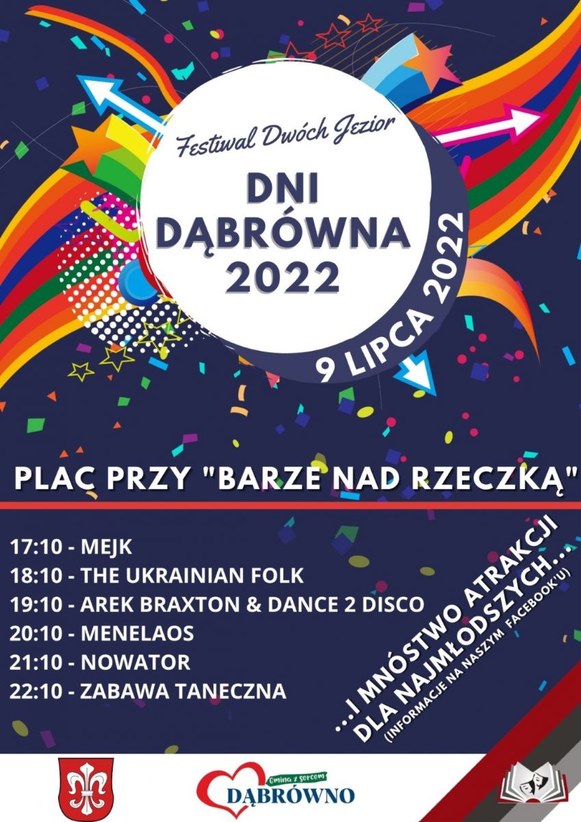 Plakat graficzny zapraszający do miejscowości Dąbrówno w powiecie ostródzkim na Festiwal Dwóch Jezior Dni Dąbrówna 2022.    