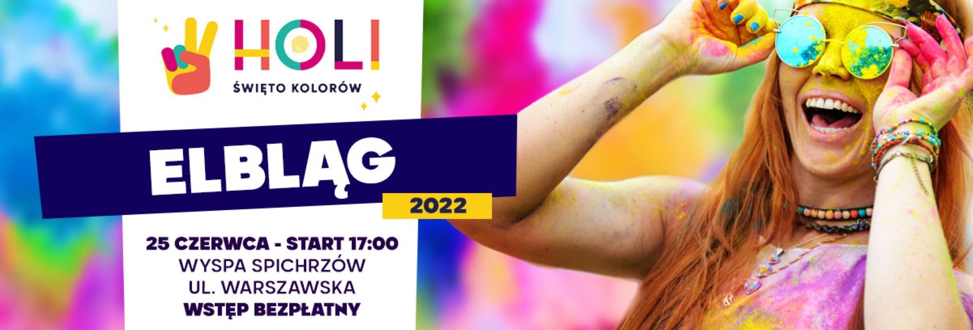 Plakat zapraszający do Elbląga na Holi Święto Kolorów Elbląg 2022.