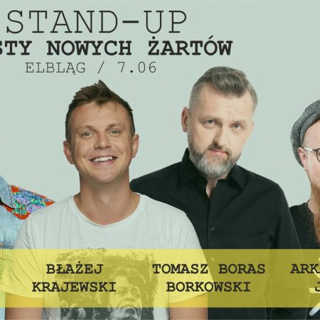 Plakat graficzny zapraszający do Elbląga na występ Stand-up Warmia Krajewski, Boras, Jaksa, Sipika TESTY ŻARTÓW - Elbląg 2022.