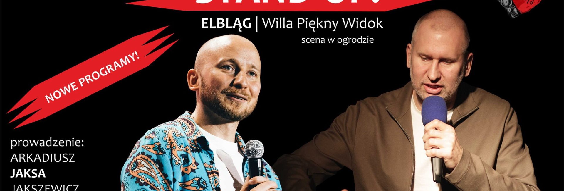 Plakat graficzny zapraszający do Elbląga na Stand-up Wojtek FIEDORCZUK & Damian SKÓRA Elbląg 2022.