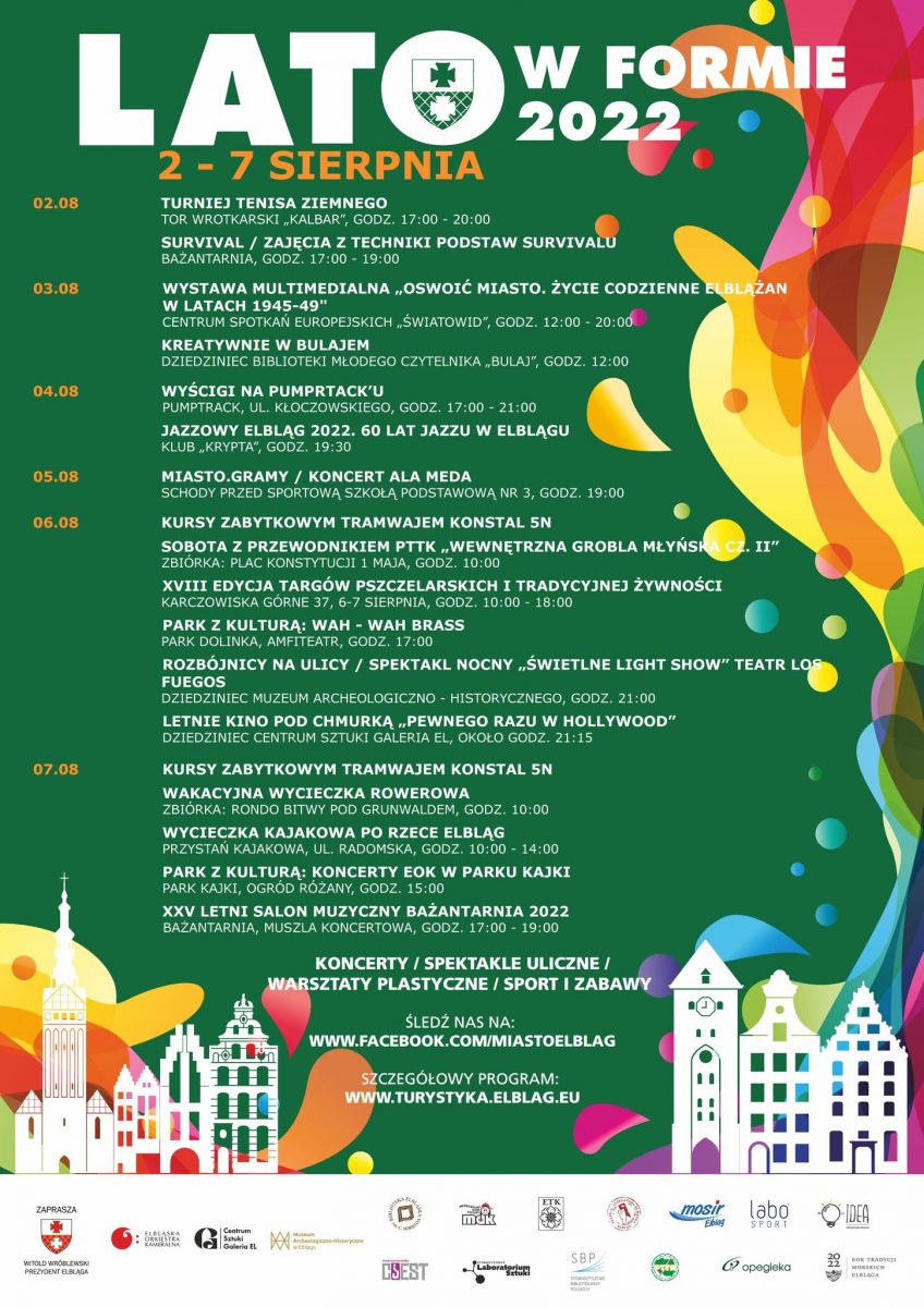 Plakat z harmonogramem wydarzeń i imprez w Elblągu w dniach 2-7 sierpnia 2022 r. 