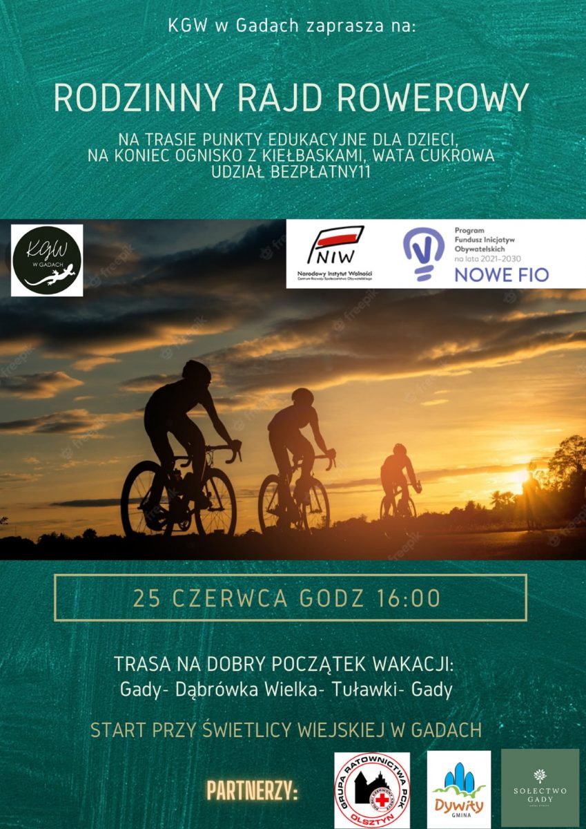 Plakat zapraszający do miejscowości Gady w gminie Dywity na Rodzinny Rajd Rowerowy Gady 2022. 