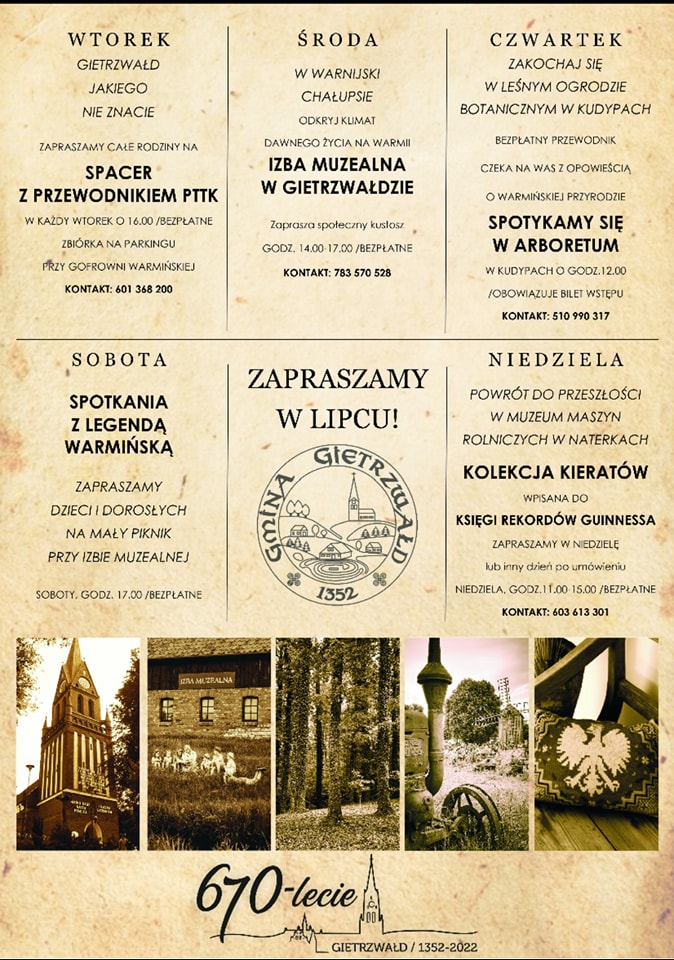 Plakat zapraszający do Gietrzwałdu na lipcowe imprezy i wydarzenia 2022.