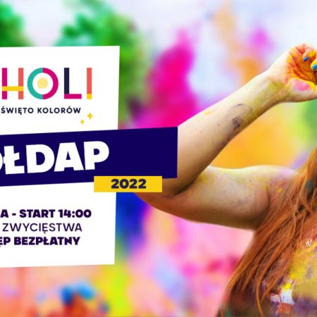 Plakat zapraszający do Gołdapi na Holi Święto Kolorów Gołdap 2022.