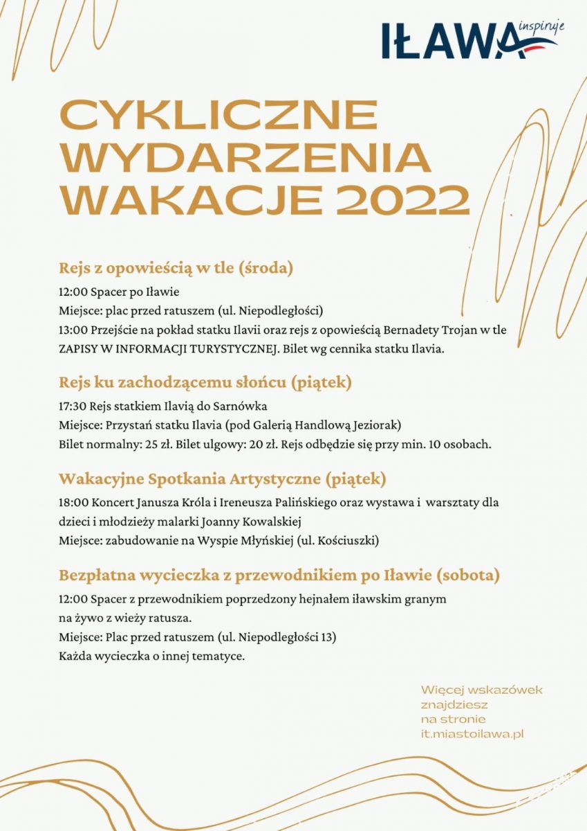Kalendarz cyklicznych wydarzeń wakacje 2022 w Iławie.