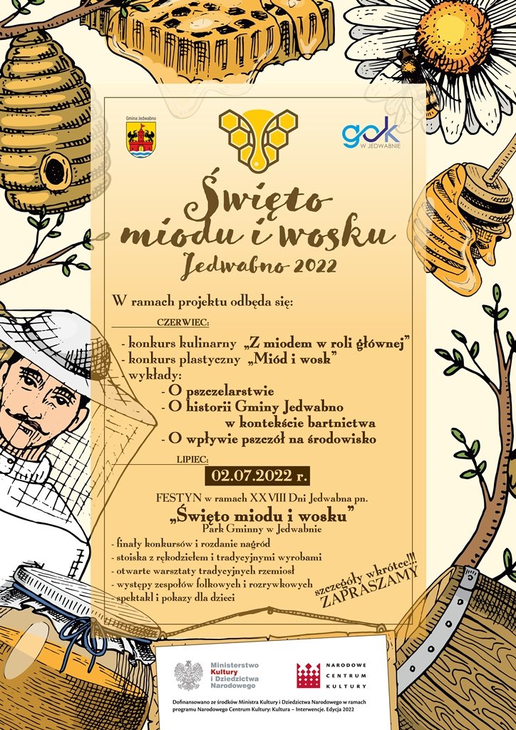 Plakat graficzny zapraszający do Jedwabna na Jarmark „Święta Miodu i Wosku” Jedwabno 2022.