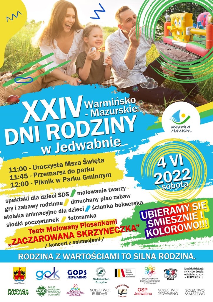 Plakat graficzny zapraszający do Jedwabna na 24. edycję Warmińsko-Mazurskich Dni Rodziny w Jedwabnie 2022. 
