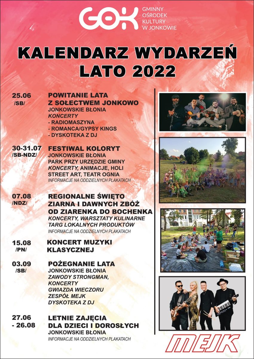 Plakat zapraszający do Jonkowa na wydarzenia organizowane latem 2022