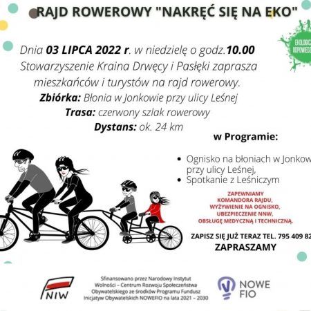 Plakat zapraszający do Jonkowa na rajd rowerowy "Nakręć się na EKO" Jonkowo 2022.