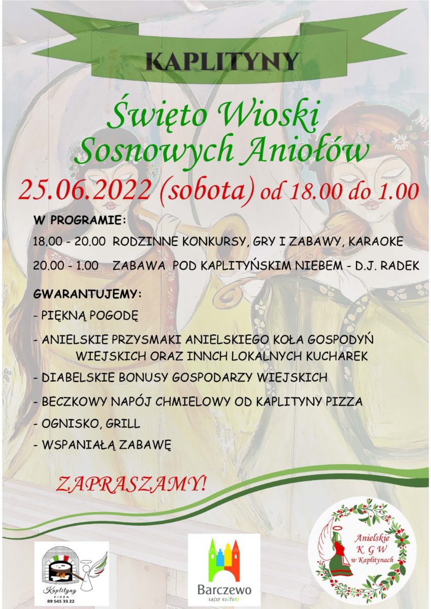 Plakat graficzny zapraszający do miejscowości Kaplityny w gminie Barczewo na Święto Wioski Sosnowych Aniołów Kaplityny 2022.