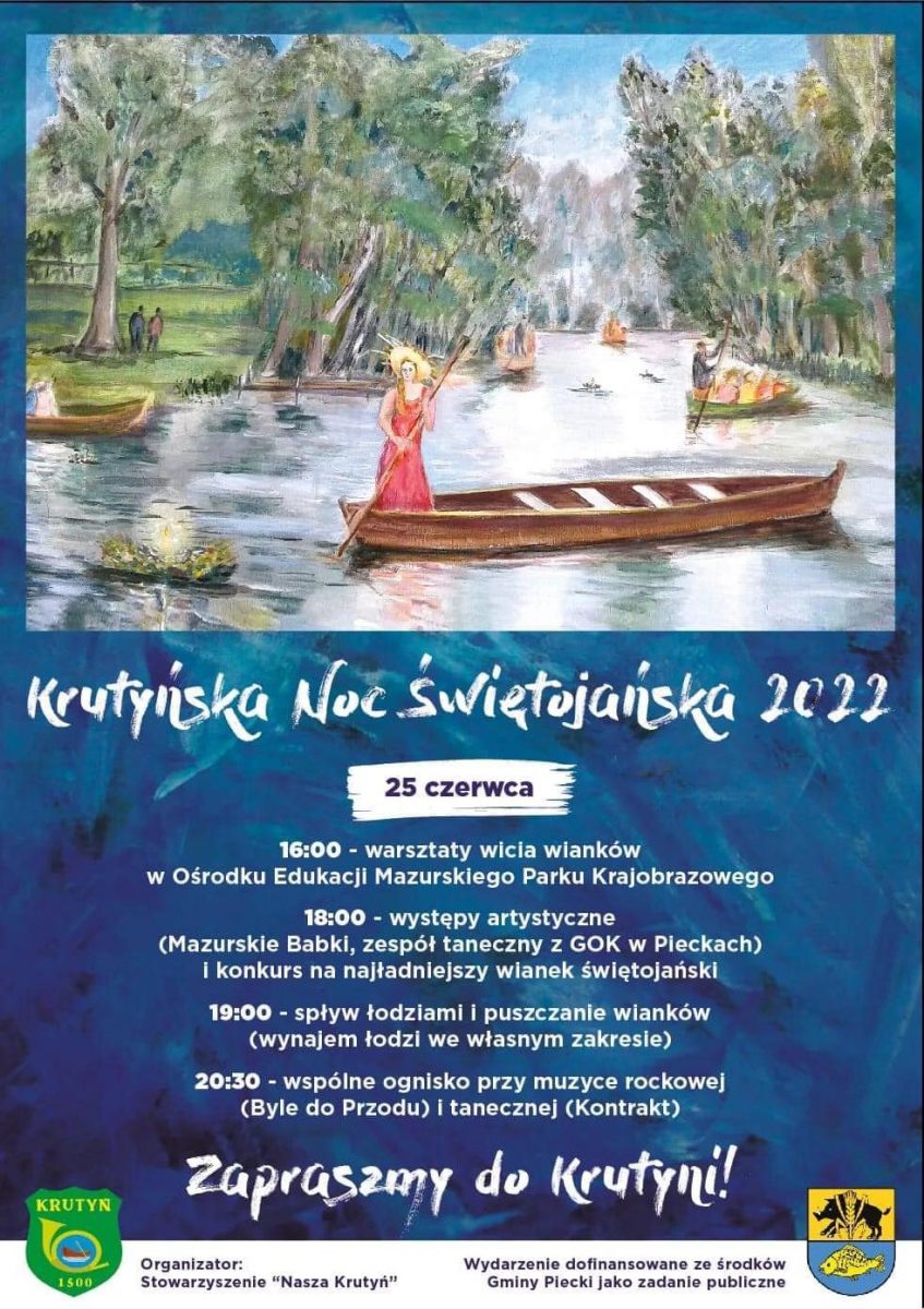 Plakat zapraszający do Krutyni na Krutyńską Noc Świętojańską Krutyń 2022.