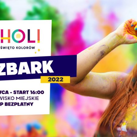 Plakat graficzny zapraszający do Lidzbarka na Holi Święto Kolorów w Lidzbarku 2022.