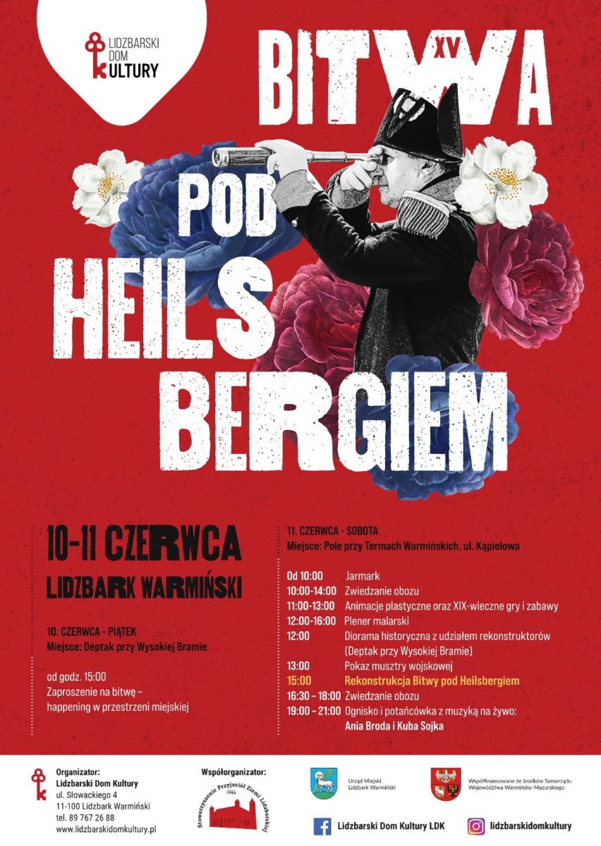 Plakat graficzny zapraszający do Lidzbarka Warmińskiego na 15. edycję rekonstrukcji Bitwy pod Heilsbergiem Lidzbark Warmiński 2022.