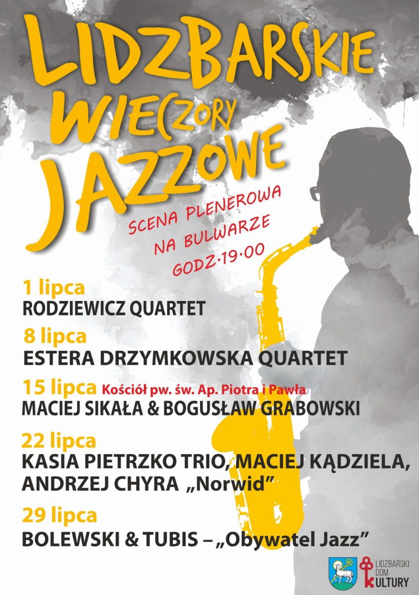Plakat graficzny - kalendarz imprez koncertów w roku 2022. Lidzbarskie Wieczory Jazzowe.   