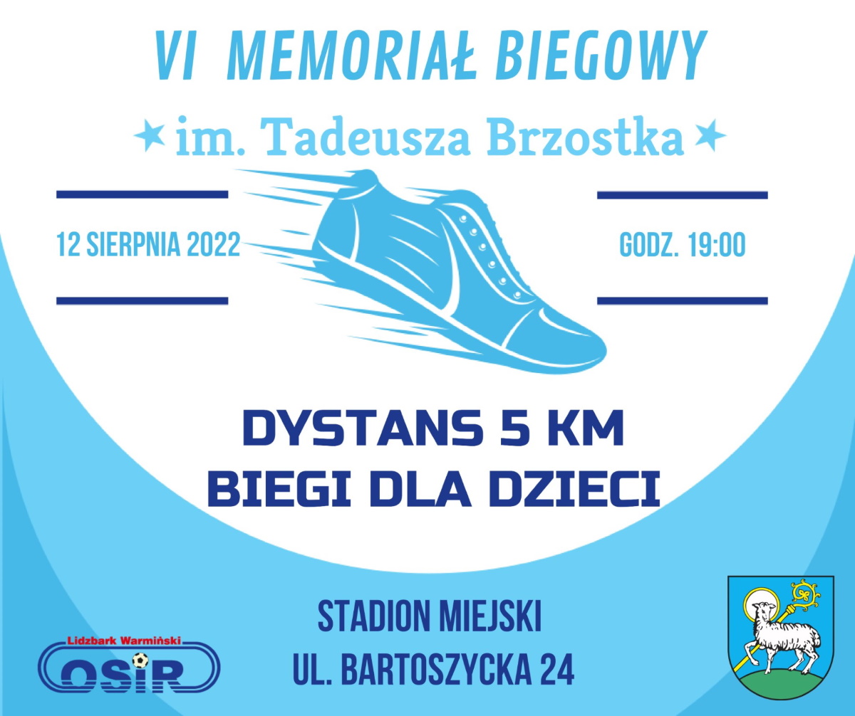 Plakat graficzny zapraszający do Lidzbarka Warmińskiego na 6. edycję Memoriału Biegowego im. Tadeusza Brzostka Lidzbark Warmiński 2022.