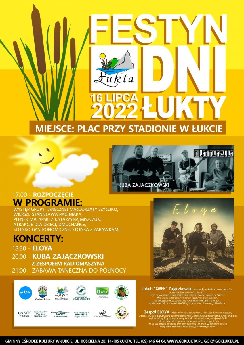 Plakat zapraszający do miejscowości Łukta w powiecie ostródzkim na festyn z okazji Dni Łukty 2022.