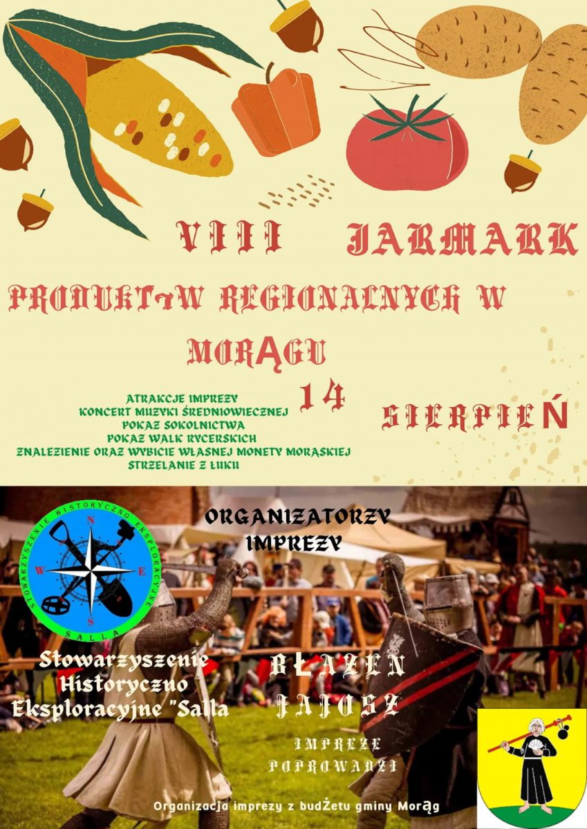 Plakat graficzny zapraszający do Morąga na kolejną edycję Jarmarku Produktów Regionalnych Morąg 2022.