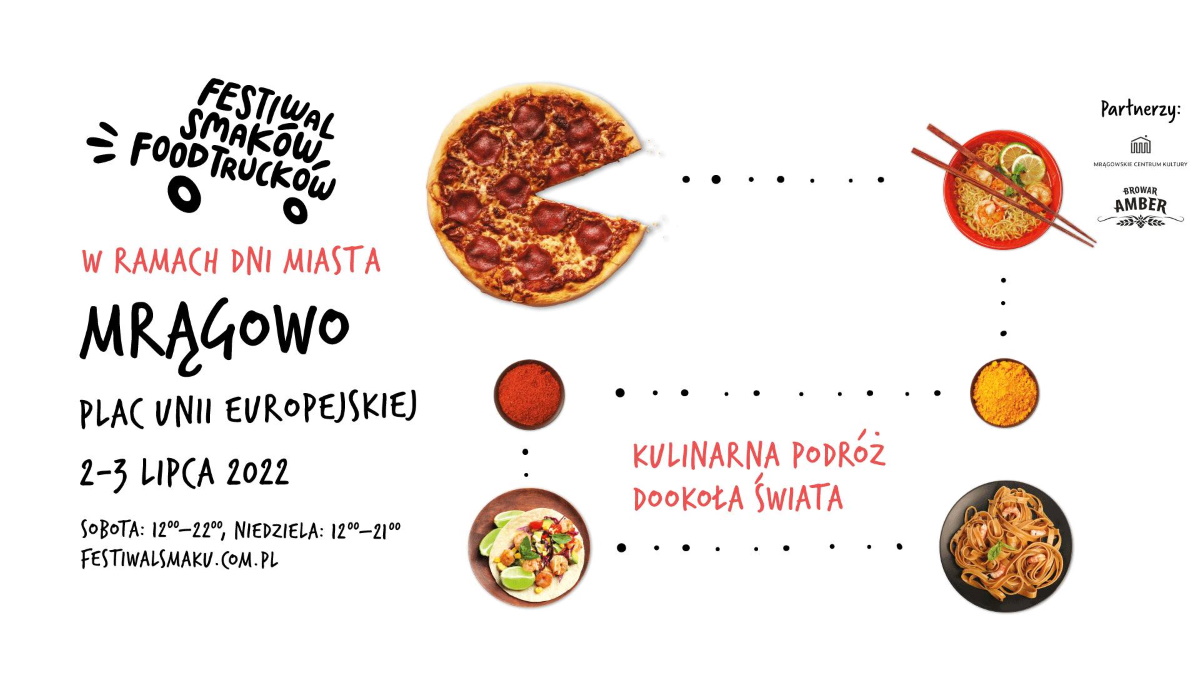 Plakat graficzny zapraszający do Mrągowa na 5. edycję Festiwalu Smaków Food Trucków w Mrągowie 2022.