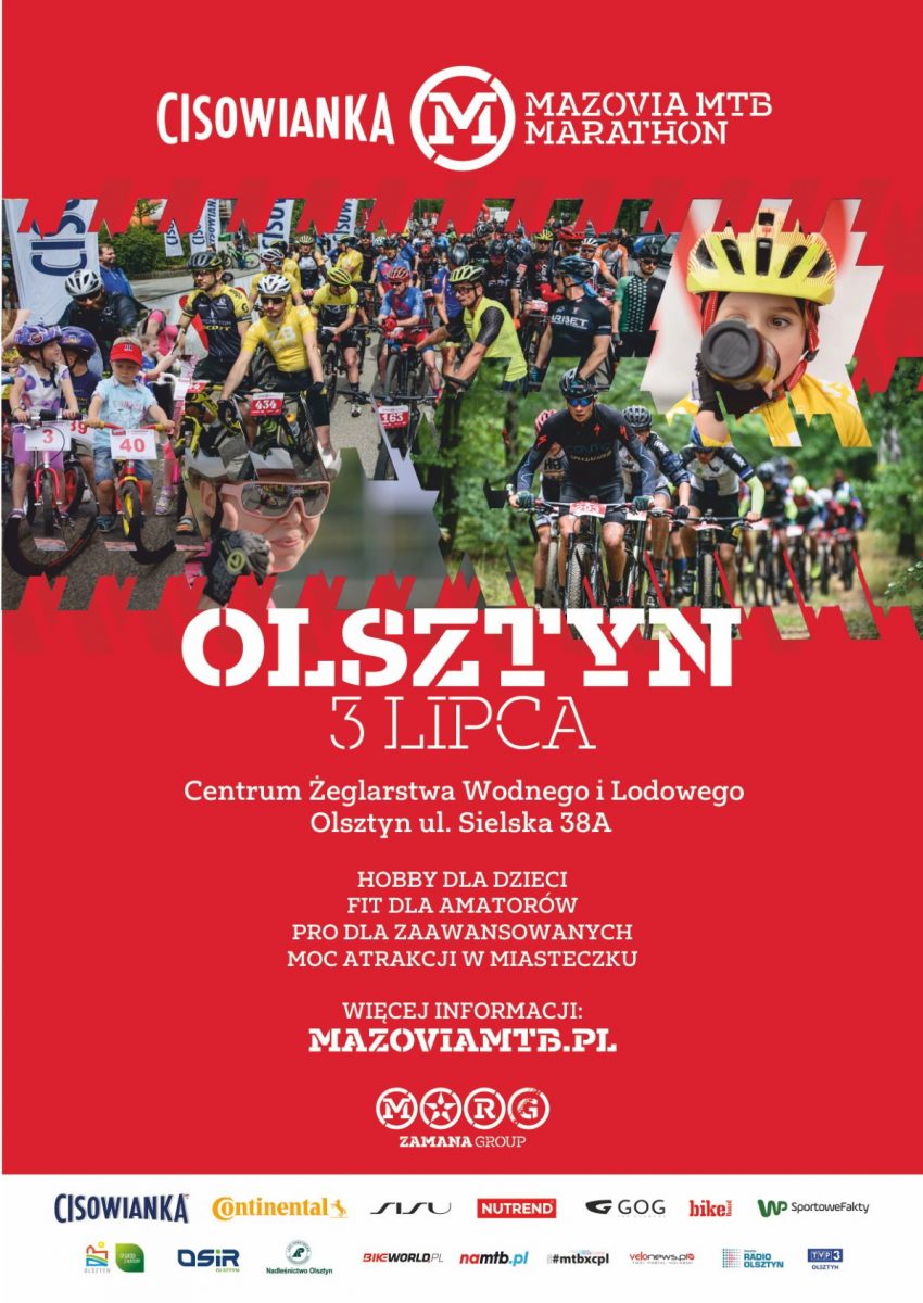 Plakat zapraszający do Olsztyna na Cisowianka Mazovia MTB Marathon Olsztyn 2022.