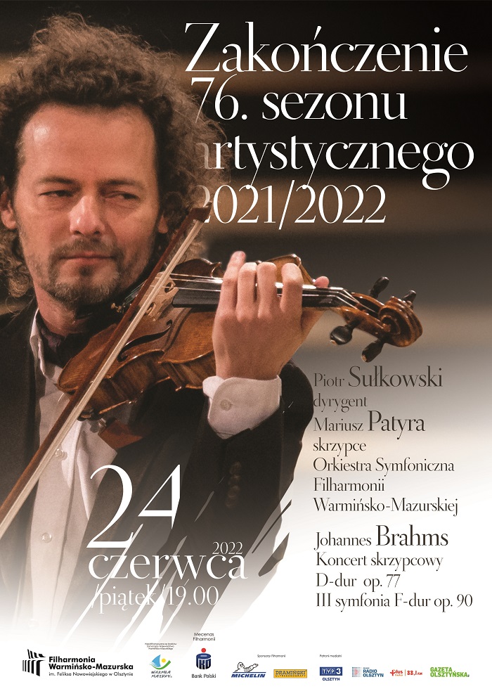 Plakat graficzny zapraszający do Olsztyna na koncert z okazji zakończenia 76. sezonu artystycznego w Warmińsko-Mazurskiej Filharmonii w Olsztynie.