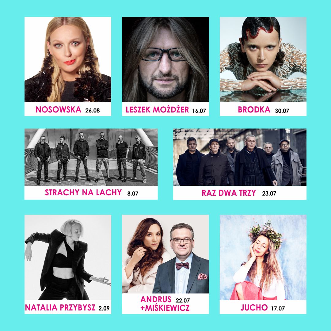 Plakat kalendarium koncertów w Olsztynie w wakacje 2022. 