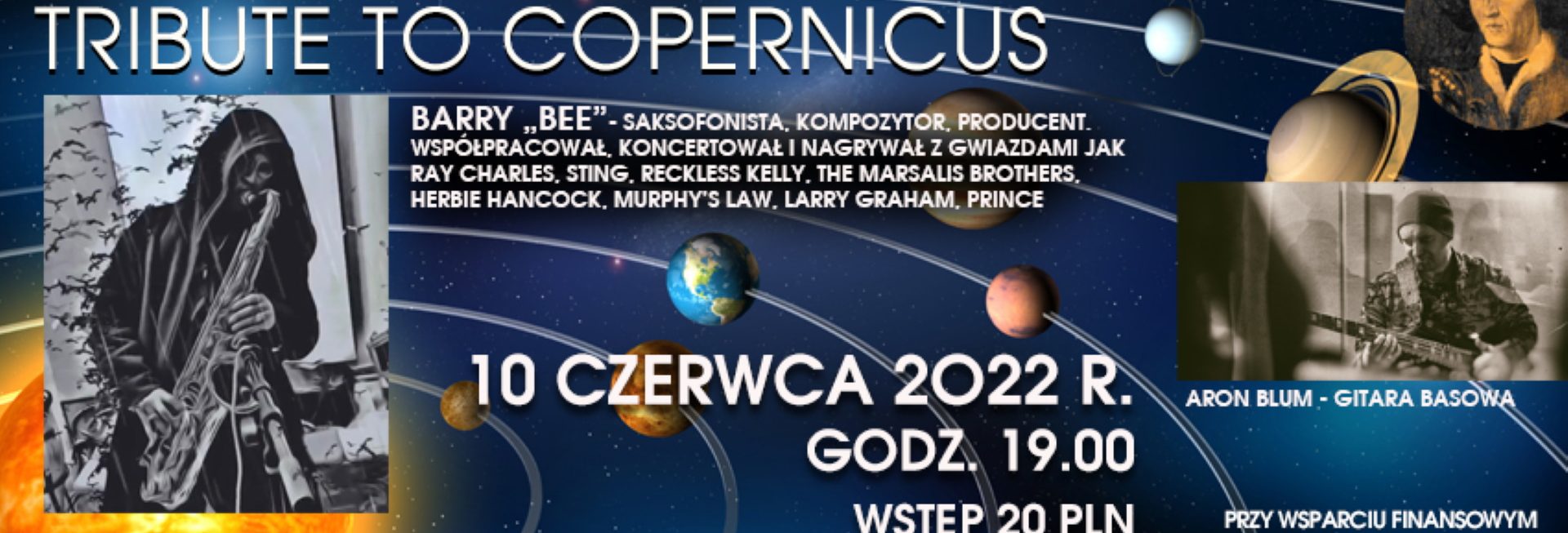 Plakat graficzny zapraszający do Olsztyńskiego Planetarium na koncert "Third Stone from the Sun - Tribute to Copernicus" Planetarium Olsztyn 2022.