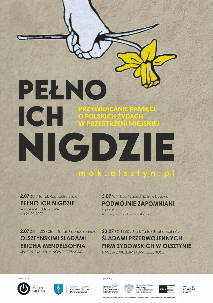 Plakat zapraszający do Olsztyna na cykl spotkań opowiadających o polskich Żydach w Olsztynie. 