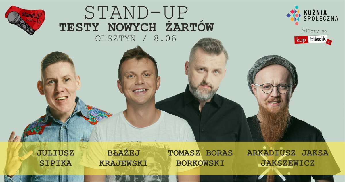 Plakat graficzny zapraszający do Olsztyna na występ Stand-up Warmia Krajewski, Boras, Jaksa, Sipika TESTY ŻARTÓW Olsztyn 2022.