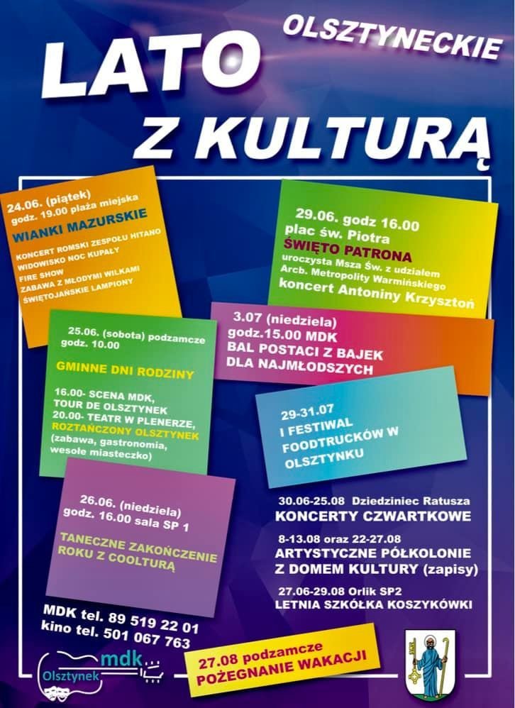 Plakat graficzny - kalendarz imprez w Olsztynku. Lato z Kulturą 2022.  