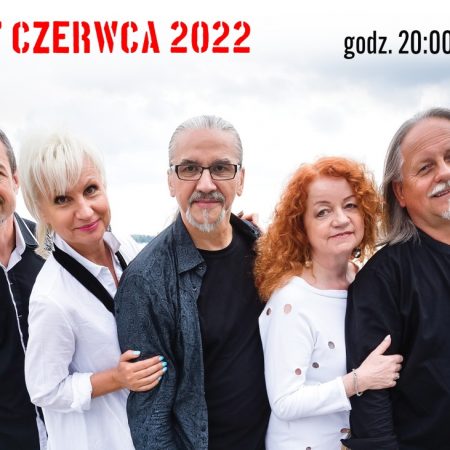 Plakat graficzny zapraszający do Ostródy na występ zespołu Czerwony Tulipan Ostróda 2022. 