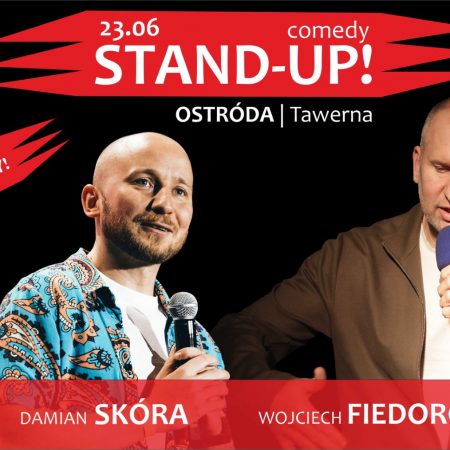 Plakat graficzny zapraszający do Ostródy na występ Stand-up Wojtek FIEDORCZUK & Damian SKÓRA Ostróda 2022.