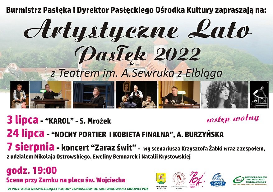 Plakat graficzny zapraszający do Pasłęka na Artystyczne Lato w Pasłęku 2022.