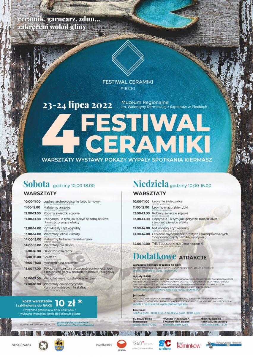 Plakat zapraszający do miejscowości Piecki na 4. edycję Festiwalu Ceramiki Piecki 2022.
