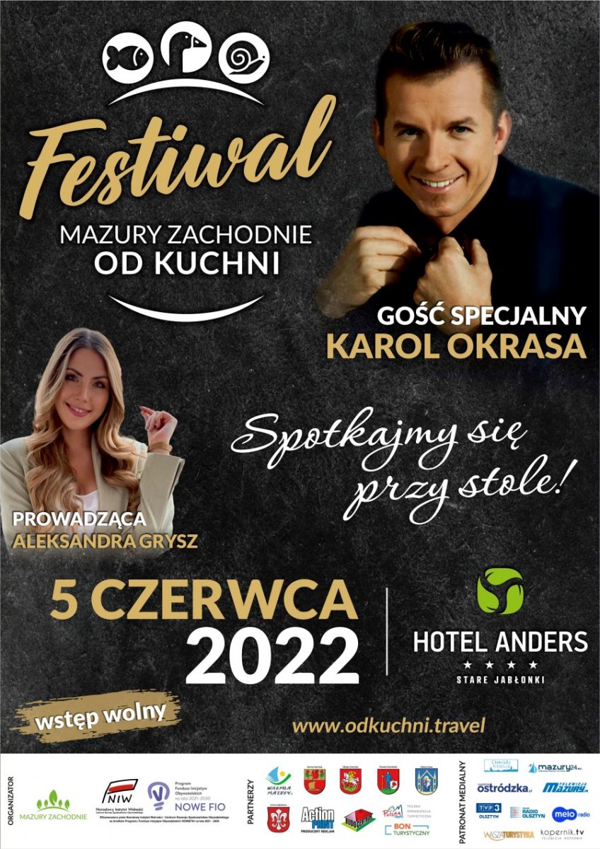 Plakat graficzny zapraszający do Starych Jabłonek na Festiwal Kulinarny Mazury Zachodnie od Kuchni Stare Jabłonki 2022.