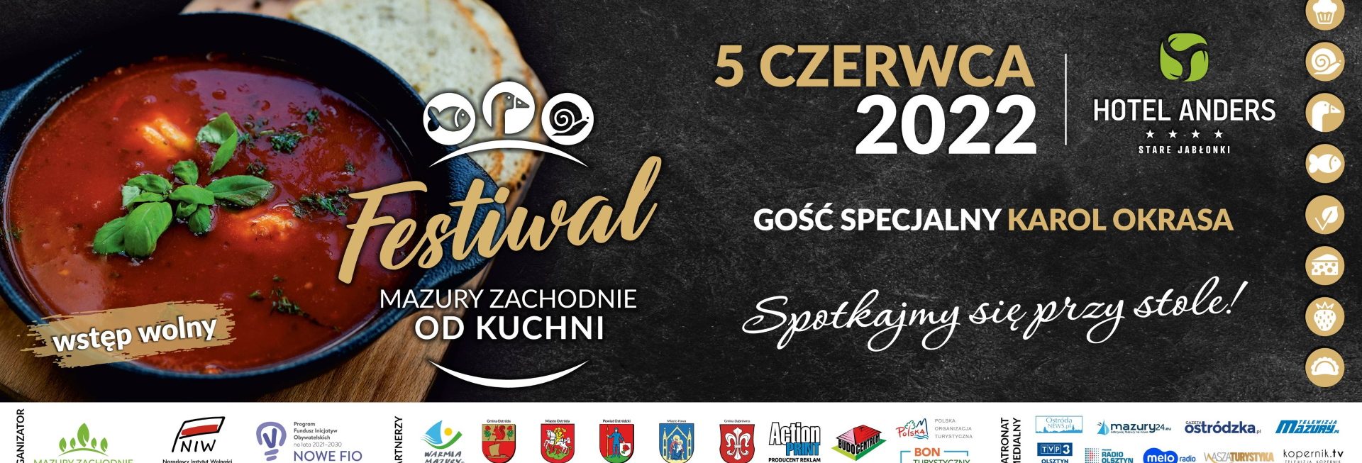 Plakat graficzny zapraszający do Starych Jabłonek na Festiwal Kulinarny Mazury Zachodnie od Kuchni Stare Jabłonki 2022.