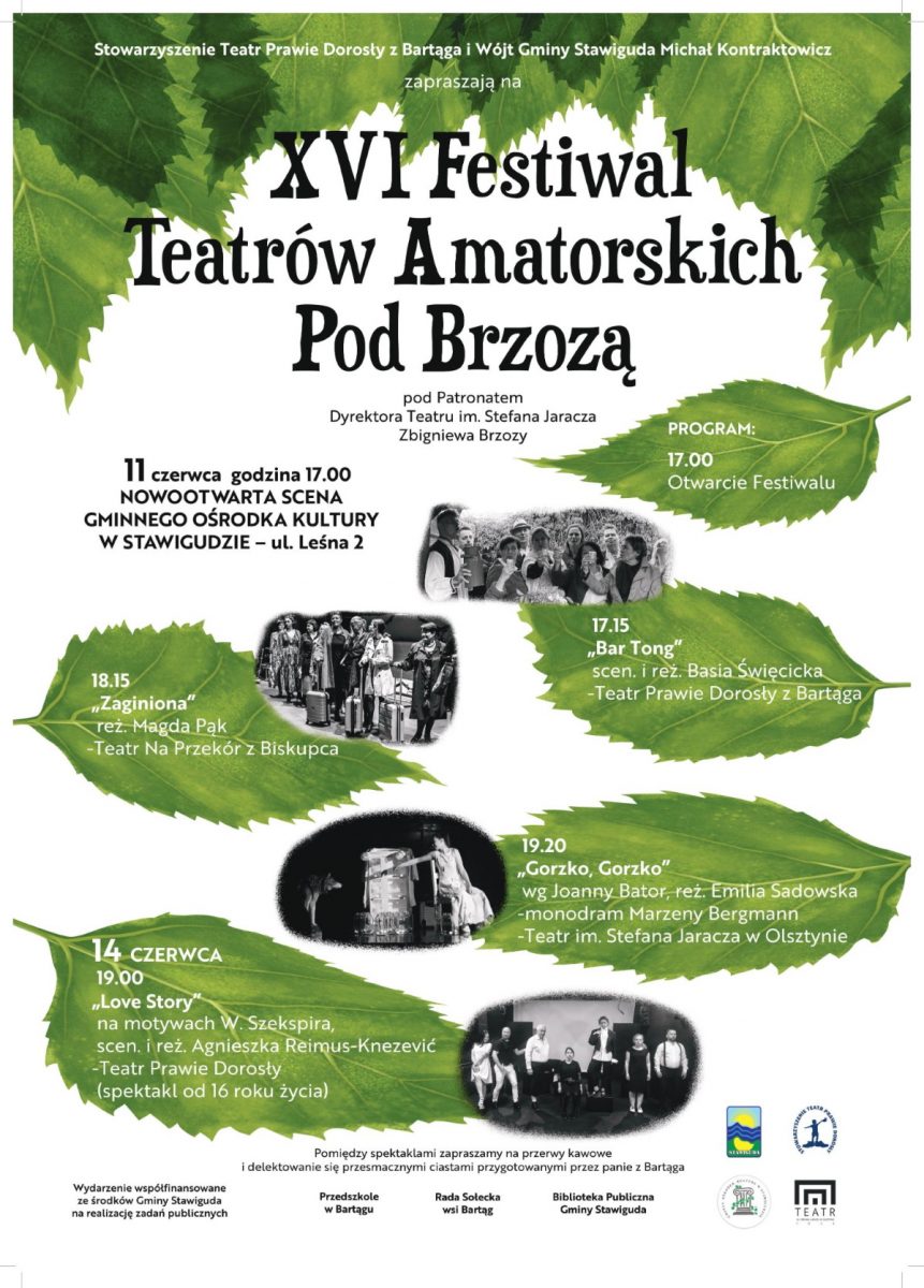 Plakat graficzny zapraszający do Stawigudy na 16. edycję Festiwalu Teatrów Amatorskich Pod Brzozą Stawiguda 2022.