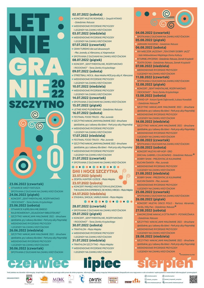 Plakat graficzny - kalendarz imprez Letnie Granie w Szczytnie 2022.