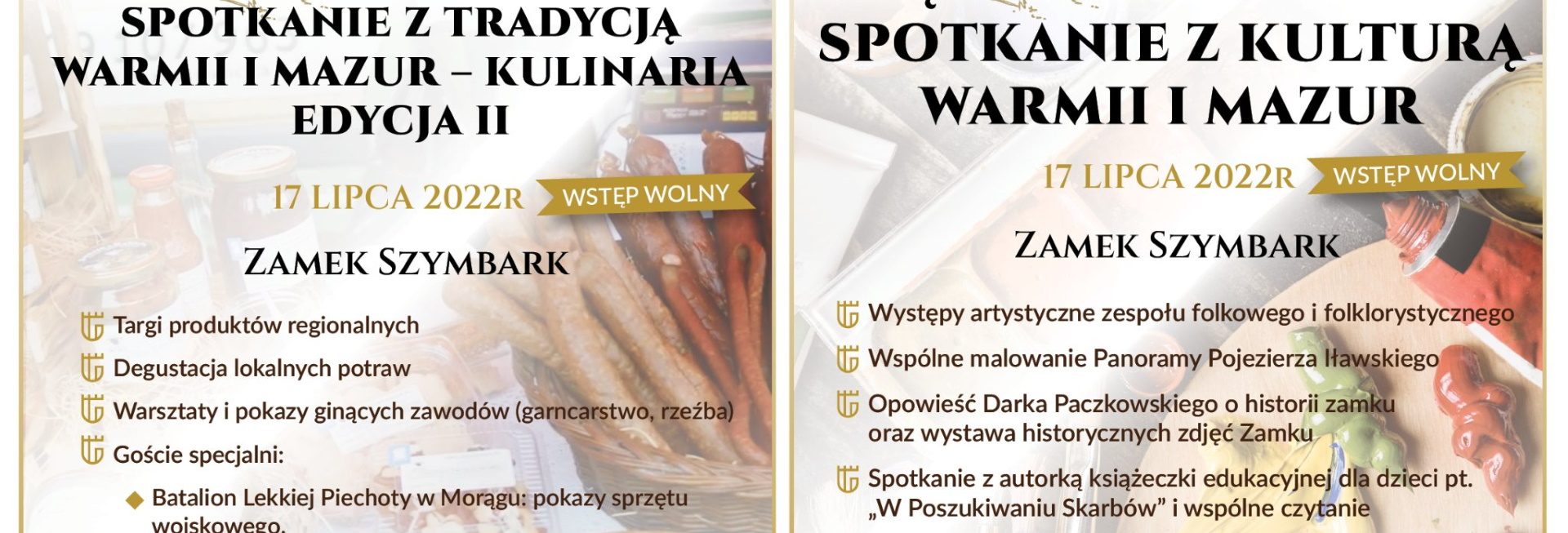 Plakat graficzny zapraszający do Zamku w Szymbarku na Międzypokoleniowe Spotkania z Tradycją Warmii i Mazur - Kulinaria Szymbark 2022.  
