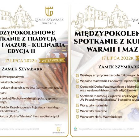 Plakat graficzny zapraszający do Zamku w Szymbarku na Międzypokoleniowe Spotkania z Tradycją Warmii i Mazur - Kulinaria Szymbark 2022.  