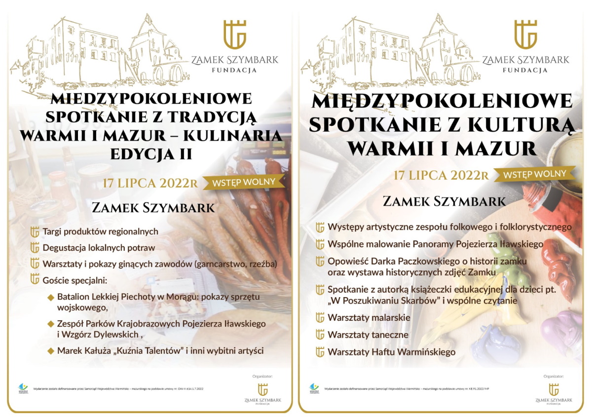 Plakat graficzny zapraszający do Zamku w Szymbarku na Międzypokoleniowe Spotkania z Tradycją Warmii i Mazur - Kulinaria Szymbark 2022.  