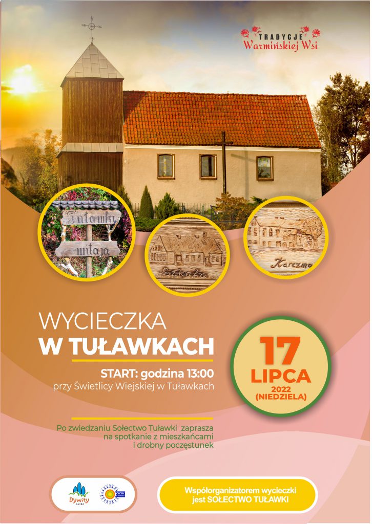 Plakat graficzny zapraszający do miejscowości Tuławki w gminie Dywit koło Olsztyna na Wycieczkę po Tuławkach.