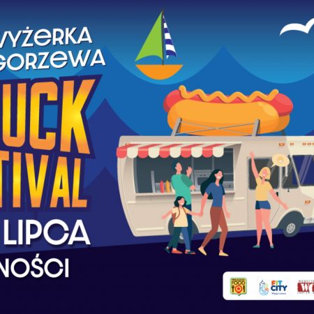 Plakat zapraszający do Węgorzewa na Wielką Wyżerkę FOOD TRUCK FESTIVAL Węgorzewo 2022.